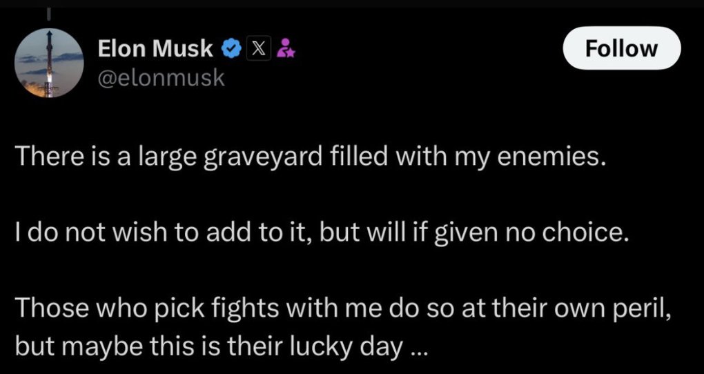 MDRinnert's tweet image. From a coward who turned down a cage match with a person close to 100 pounds lighter?
Elon must be confusing his video game play with realty.
He has an imaginary graveyard in his mind.
#BlockElonMusk