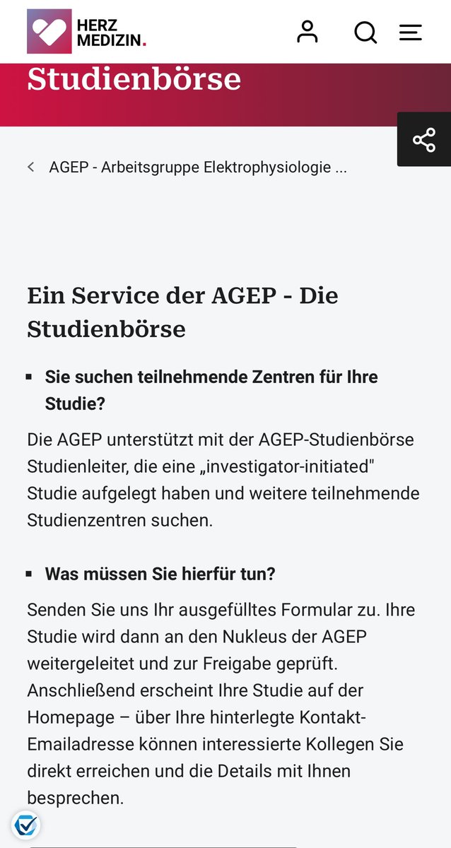 Du suchst noch teilnehmende Zentren für deine investigator-initiated Studie ? Oder dein Zentrum will an Studien mitmachen ? Nur wie? 

📌die <a href="/AGEP_DGK/">AGEP</a> Studienbörse ist jetzt online und dient als Vermittler 

ℹ️ Infos findest du unter: herzmedizin.de/fuer-aerzte-un…