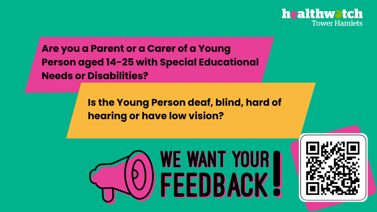 Healthwatch Tower Hamlets (@hwtowerhamlets) on Twitter photo Are you a Parent/Carer of a Young Person with Special Educational Needs and Disabilities (SEND) who is Deaf, Blind, Hard of Hearing, or has Low Vision? 
Please share your feedback on local transition services by filling in our online survey: bit.ly/3OXkEjn Are you a Parent/Carer of a Young Person with Special Educational Needs and Disabilities (SEND) who is Deaf, Blind, Hard of Hearing, or has Low Vision? 
Please share your feedback on local transition services by filling in our online survey: bit.ly/3OXkEjn