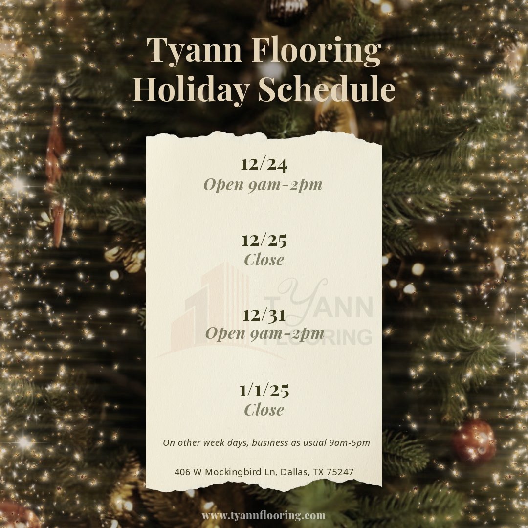 Tyann_Flooring's tweet photo. 🎄 Tyann Flooring Holiday Schedule 🎄

#winter #holiday #Home #Design #Interior #Trends #Decor #flooring #lvp #buildingmaterials #tyann #tyannflooring #dallas #floors #home #improvement #promotion #gluedown #clickon #collection #rigidcore #product #XWood #waterproof #laminate https://t.co/JQskSMydTs