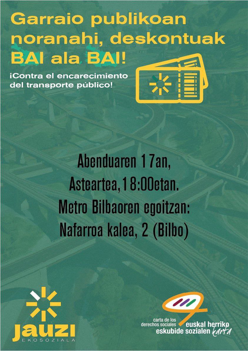 ⚠️ Eusko Legebiltzarrak eta Bizkaiko Foru Aldundiak Bizkaiko garraio publikoen % 50eko deskontua arriskuan jartzen ari dira!

✳️ Hori dela eta, 18:00etan <a href="/JauziEkosoziala/">Jauzi Ekosoziala</a>|k eta <a href="/EskubideenKarta/">EHko Eskubide Sozialen Karta</a>|k kontzentrazioa burutuko dute  Metro Bilbaoren egoitzan.

✊ Deskontuak BAI ala BAI!