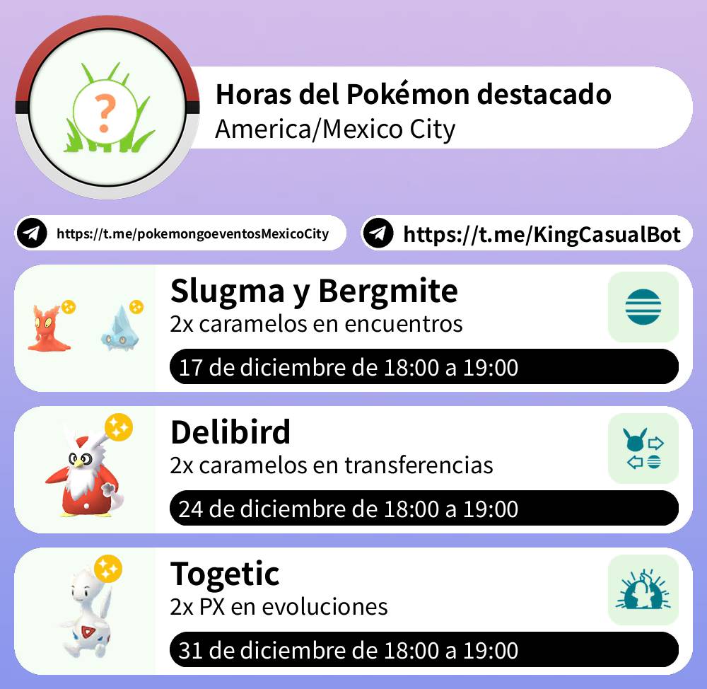 🌠 Horas del Pokémon destacado
America/Mexico City

Telegram: t.me/pokemongoevent…

#PokemonGO #Evento