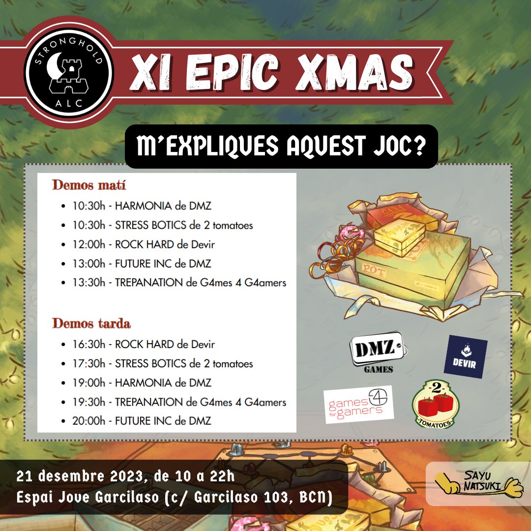 ALC_Stronghold's tweet photo. Al #XIEpicXmas estrenem espai! Demostracions de les #novetatseurogames i #jocsdurs d'editorials patrocinadores!

#StressBotics de @2TomatoesGms 11:30h i 18h
#HardRock de @DevirCat 12h i 16:30h https://t.co/b2IffN2bAc