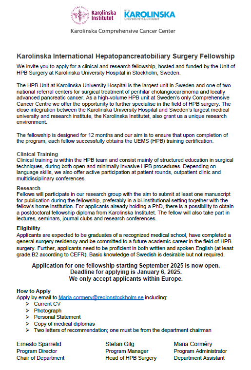 Ernesto Sparrelid (@sparrelid) on Twitter photo It’s time to find the 4th person for our international clinical and research HPB fellowship <a href="/HpbKarolinska/">Karolinska-HPB</a>
starting September 2025! Please apply before January 6. Previous fellows <a href="/Giampaolo_Perri/">Giampaolo Perri</a> & @TimTransplant have been excellent & current fellow <a href="/nebbia_martina/">@Martina_Nebbia</a> is great! It’s time to find the 4th person for our international clinical and research HPB fellowship <a href="/HpbKarolinska/">Karolinska-HPB</a>
starting September 2025! Please apply before January 6. Previous fellows <a href="/Giampaolo_Perri/">Giampaolo Perri</a> & @TimTransplant have been excellent & current fellow <a href="/nebbia_martina/">@Martina_Nebbia</a> is great!