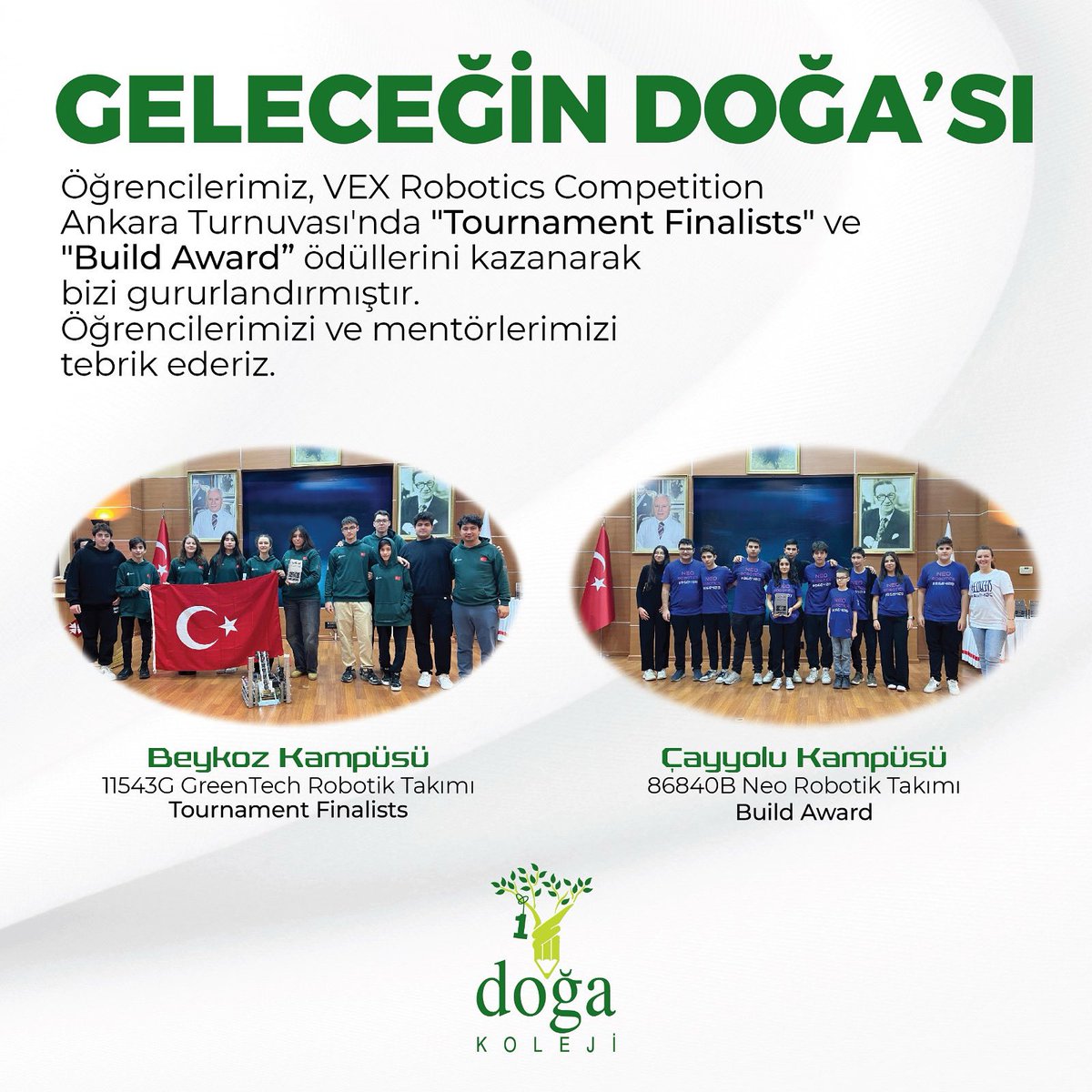 VEX Robotics Competition Ankara Turnuvası'nda ödül alan öğrenci ve mentörlerimizi tebrik ediyor, başarılarının devamını diliyoruz.
#DoğaKoleji #GeleceğinDoğası