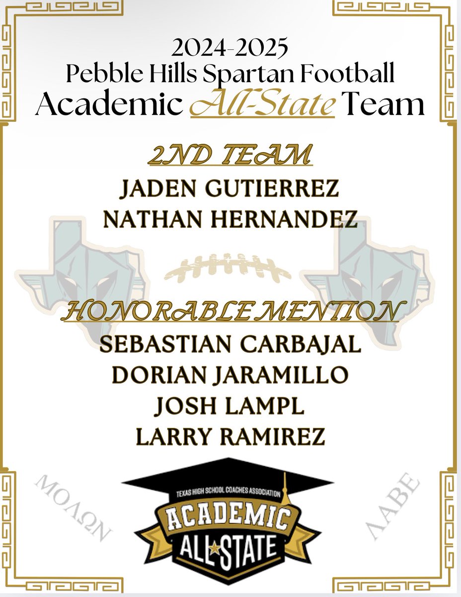 Shout out to our THSCA Academic All-State football players! Spartan student athletes getting it done in the classroom. 🤓 <a href="/PHills_HS/">Pebble Hills High School</a> <a href="/PebbleHHS_FB/">El Paso Pebble Hills High School Spartans Football</a> <a href="/APRIL_PHHS/">April Marie Ortega-Valdez</a> #RISE