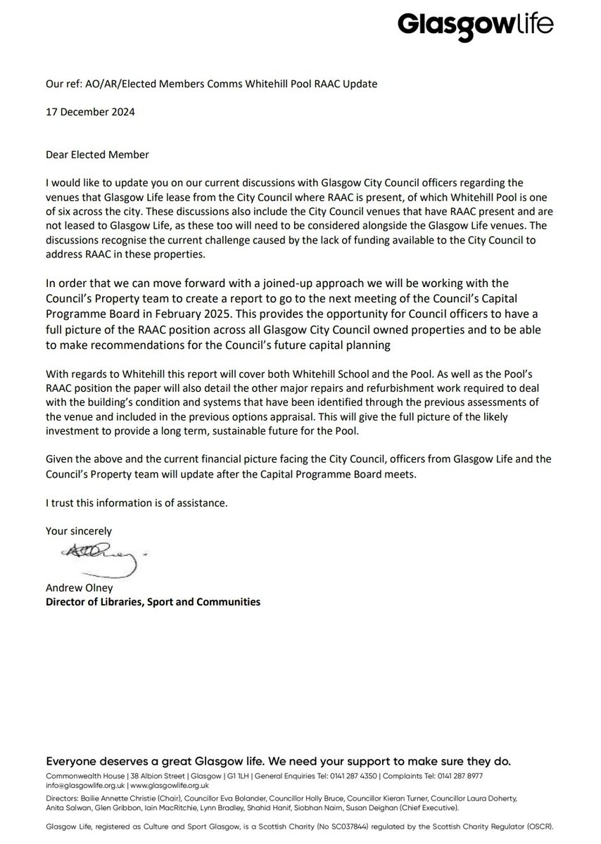 Whitehill Pool update 🏊‍♂️

Hopefully we will now have a clearer picture at February's Capital Programme Board to know how much it'll cost &amp; what work is needing done in detail.

Glasgow Life must prioritise funding this work to see the Pool opened as soon as feasibly possible 💚