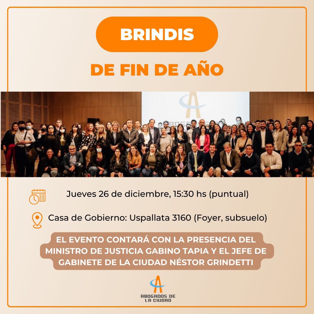 Brindis de Fin de Año ✨

📅 Fecha: Jueves 26 de diciembre
⏰ Hora: 15:30 hs (puntual)
📍 Lugar: Casa de Gobierno, Uspallata 3160, Parque Patricios. (Foyer, subsuelo)

Por favor, confirmá tu asistencia completando este formulario: docs.google.com/forms/d/1ZdTzO…