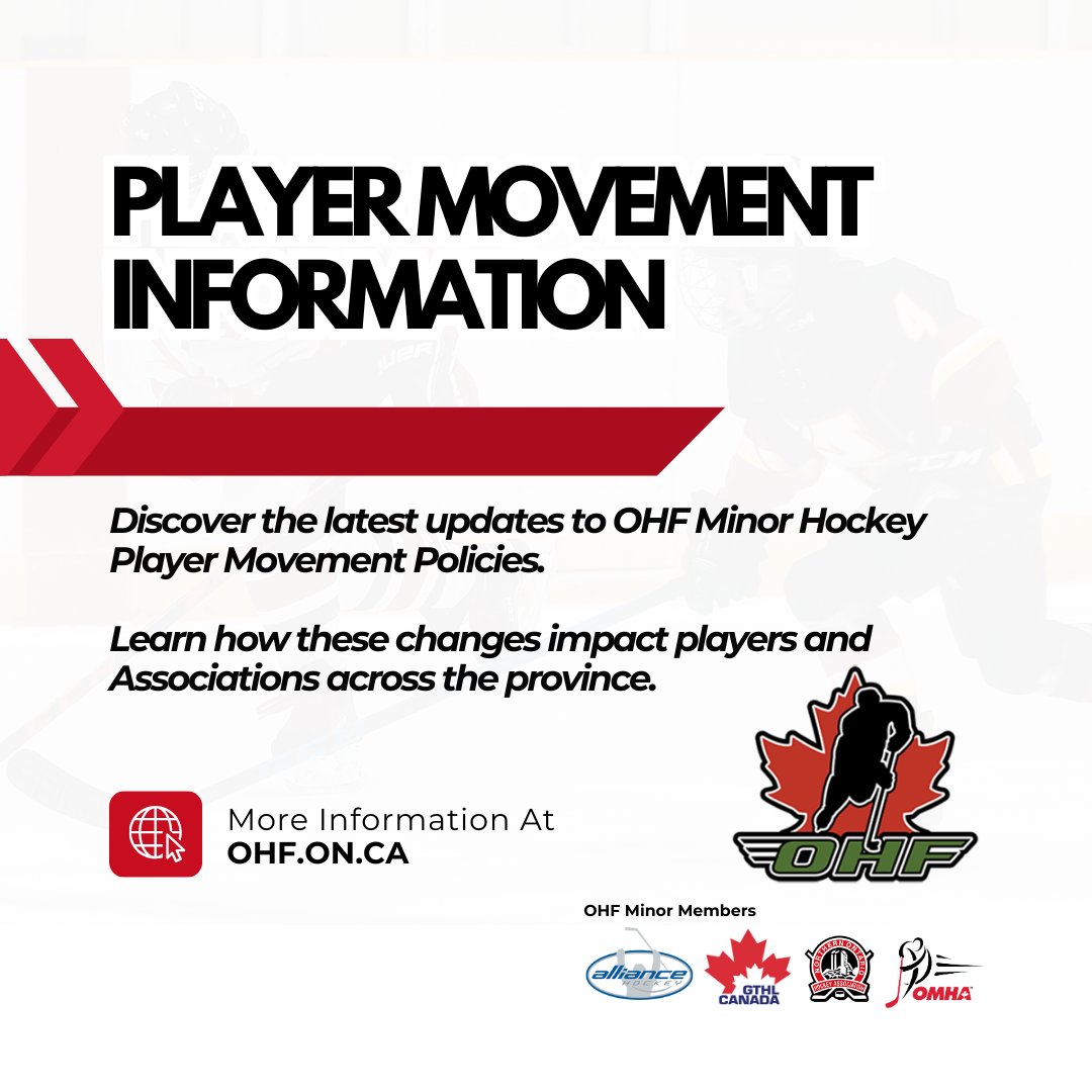 ALLIANCE Hockey (@alliance_hockey) on Twitter photo Big news from <a href="/OHFHockey/">Ontario Hockey Federation</a>!
Announcing a series of updates to Player Movement Regulations to enhance the participant’s experience and accessibility, effective for the 2025–2026 hockey season.
Info: ohf.on.ca/player-movemen…
#OHF #PlayerMovement #HockeyUpdates Big news from <a href="/OHFHockey/">Ontario Hockey Federation</a>!
Announcing a series of updates to Player Movement Regulations to enhance the participant’s experience and accessibility, effective for the 2025–2026 hockey season.
Info: ohf.on.ca/player-movemen…
#OHF #PlayerMovement #HockeyUpdates