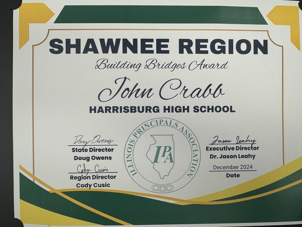 Strategic Plan Priority 3 
Congratulations to Farmers State Bank on being named the Shawnee Region Building Bridges Award recipient. Thank you, Farmers! Your partnership with Harrisburg Unit 3 is valued and we appreciate all your support! #BulldogNation
