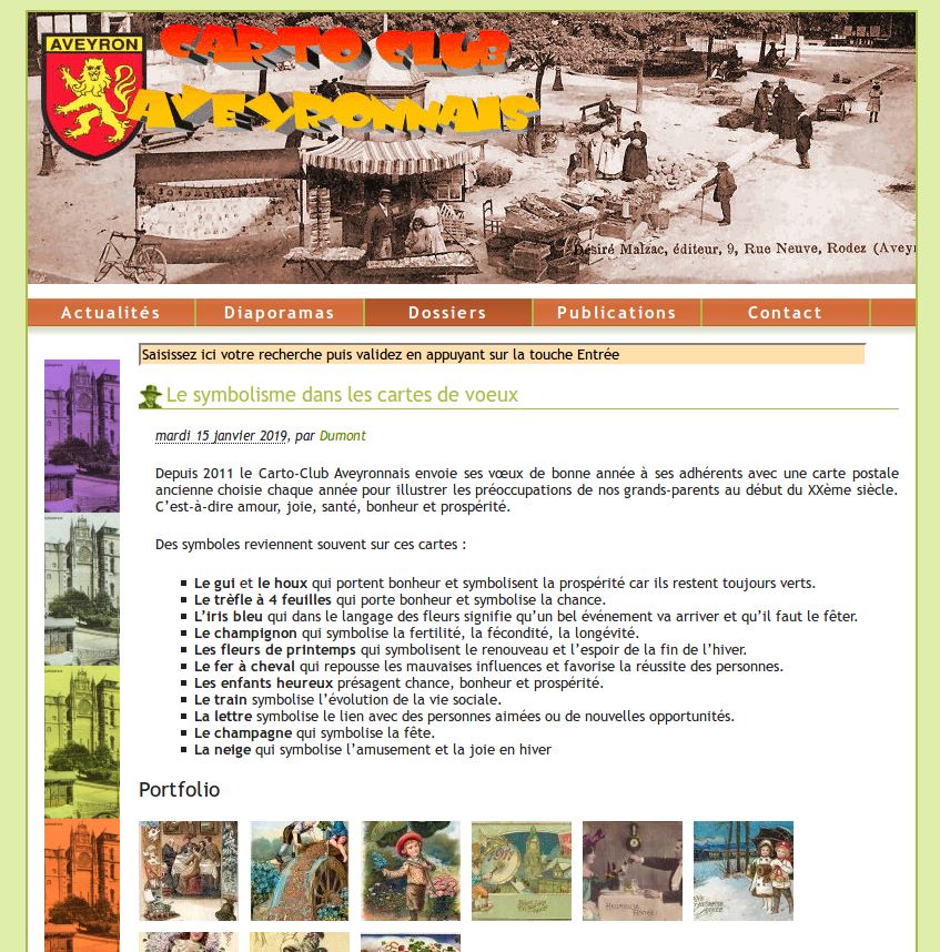 🎆Belle et heureuse année 2025 ! Pour l’occasion, nous vous proposons une page du site cartoclub12.com archivée en 2019 et proposant une analyse du symbolisme dans les cartes de vœux.
Merci au Carto-Club Aveyronnais de nous avoir autorisés à utiliser cette capture !