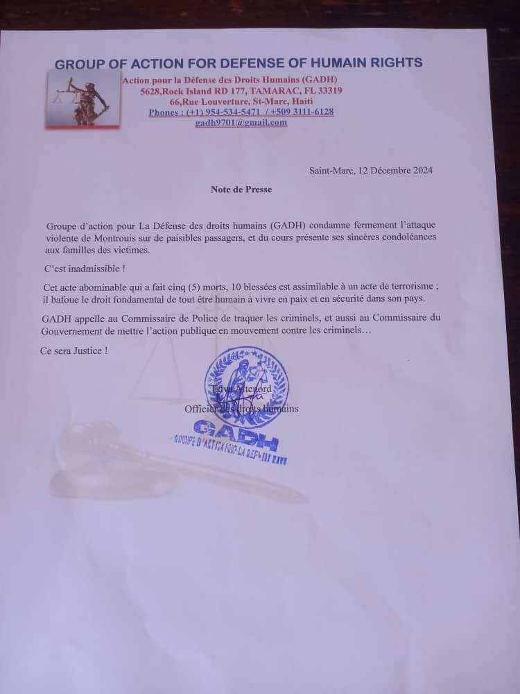 Le GADH recommande à la justice de mettre l'action  publique en mouvement contre les assassins qui ont fusillé les passagers d'un minibus dans la localité de Montrouis faisant la liaison Saint-Marc-Port au Prince