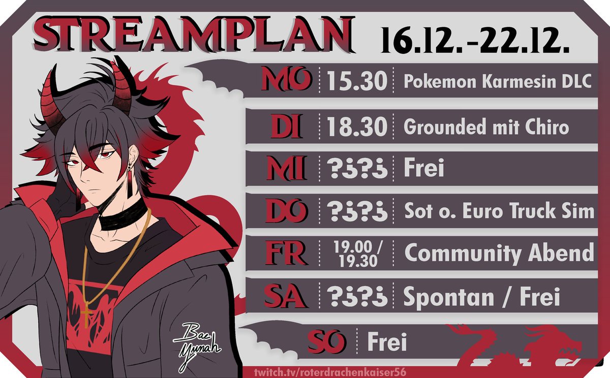 Der streamplan für diese Woche. Es wird wieder 2 collabs geben und am Freitag unser community abend. Freue mich schon 🥰