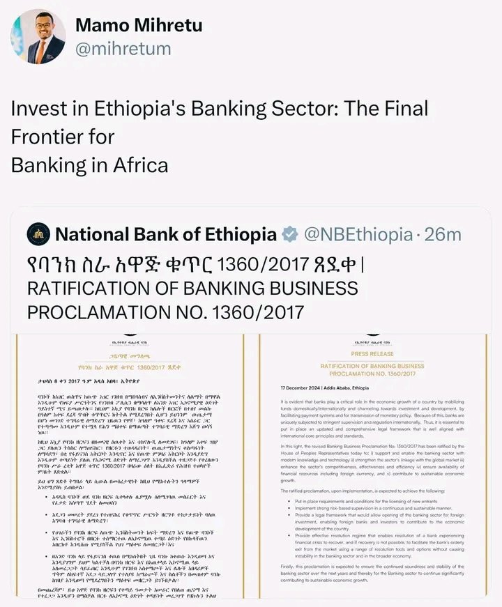 SadamH49332's tweet photo. #Ethiopia opens its banking sector to foreign banks, a historic milestone for one of Africa’s major markets. This move promises to drive investment, innovation, and competition, modernizing the financial sector. A significant leap forward!
#Japanpostbank 
#Chinadevelopmentbank https://t.co/O52VwwqFBR