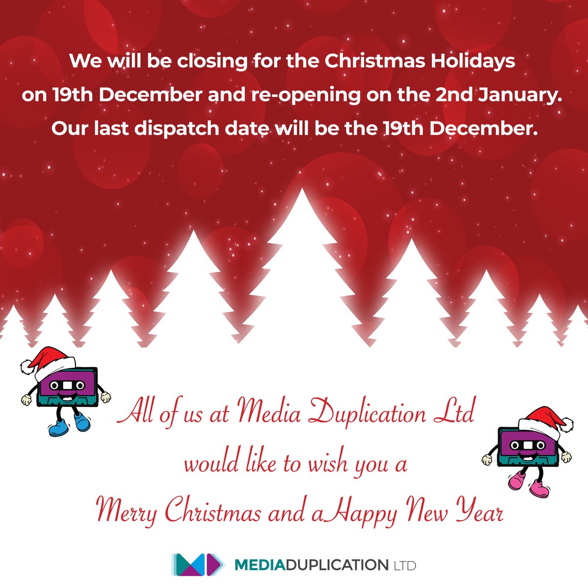 We will be closing for the holidays on 19th December and re-opening on the 2nd January. We hope you have an amazing Christmas and fabulous New Year! #christmas #welovecassette #cassettetapes #music #bands #duplication #audiotapes #musicians #audiocassettes  #musicartist
