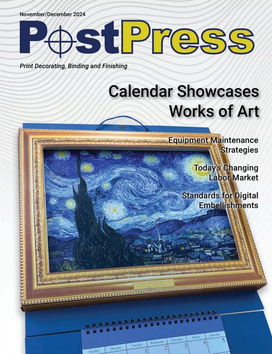 diamondpkg's tweet photo. Diamond's stunning 2024 "Suitable for Framing" Calendar takes center stage on the cover of @PostPress magazine — a testament to innovative design and print excellence | https://t.co/55IImP1RgR #calendars #coldfoil #embossing #foil #foldingcartons #graphicdesign #paperboard https://t.co/9onL7tzF3y