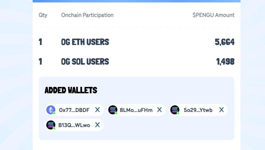 Dán ví hết các địa chỉ ví EVM và Solana  hay active vào đây mà check airdrop $PENGU

Link : checker.diligencedao.com/?checkers=Pudg…

Check có thì connect với web airdrop này mà claim : claim.pudgypenguins.com

Mỗi ví dc 200$-cả ngàn đô đó