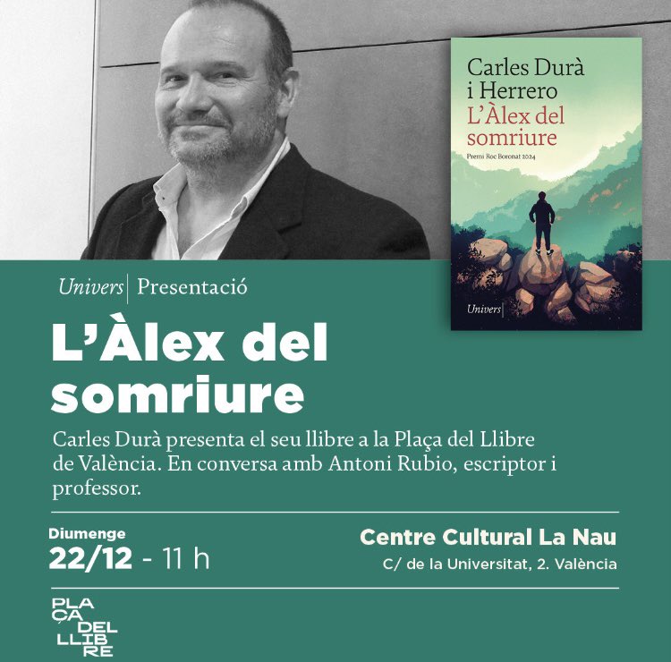 Diumenge, 22 de desembre, a les 11 hores, tindré el gust de presentar a <a href="/DuraCarles/">carles.dura</a> i el seu grandíssim llibre 'L'Àlex del somriure'. Serà a la <a href="/LaNauuv/">UVcultura / La Nau</a>, en el marc de la <a href="/placadelllibre/">Plaça del Llibre</a>. Amb l'estimat <a href="/alexpresarte/">Àlex Durà</a> en la memòria. Pura literatura. Us hi esperem!