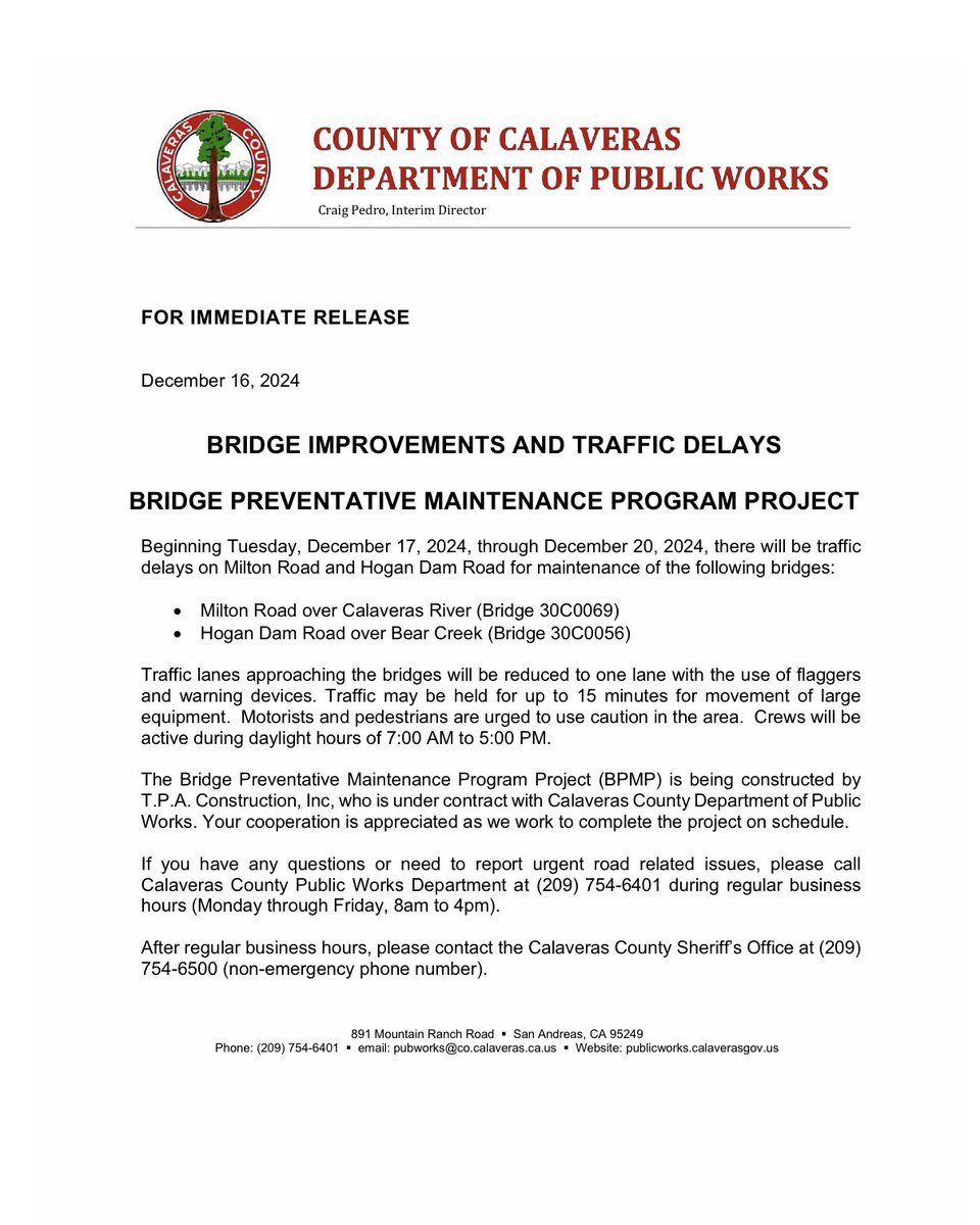 CalaverasPW's tweet photo. Please note traffic delays this week due to the Bridge Preventative Maintenance Program Project. https://t.co/HNFE7Xt8PN