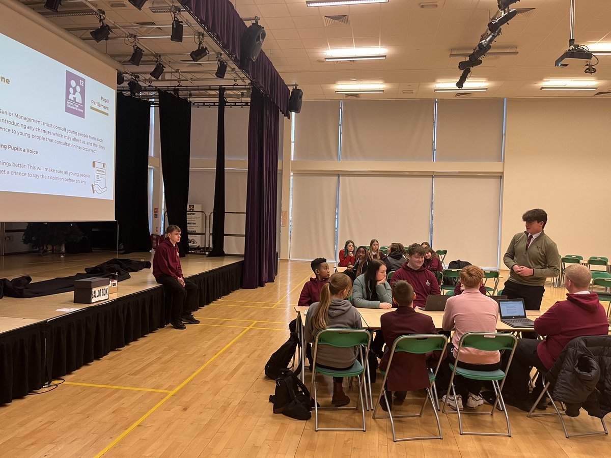 Genuine pupil voice in action today. A Parliament session led by our very own MSYP, Ben Moore.

A number of pupils shared their proposals linked to the RRS survey data around safety, relationships and having their views heard.

Debating skills ✅
Voting ✅
Action ⏳