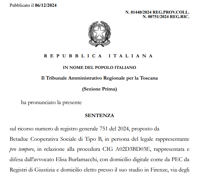 TAR Toscana 6 dicembre 2024, n. 1440: l'errore della stazione appaltante nel valutare l'#equivalenza delle #tutele sulla base di un #CCNL parametro non conforme ai requisiti imposti dalla #legge, comporta l'annullamento dell'aggiudicazione della gara->bollettinoadapt.it/wp-content/upl…