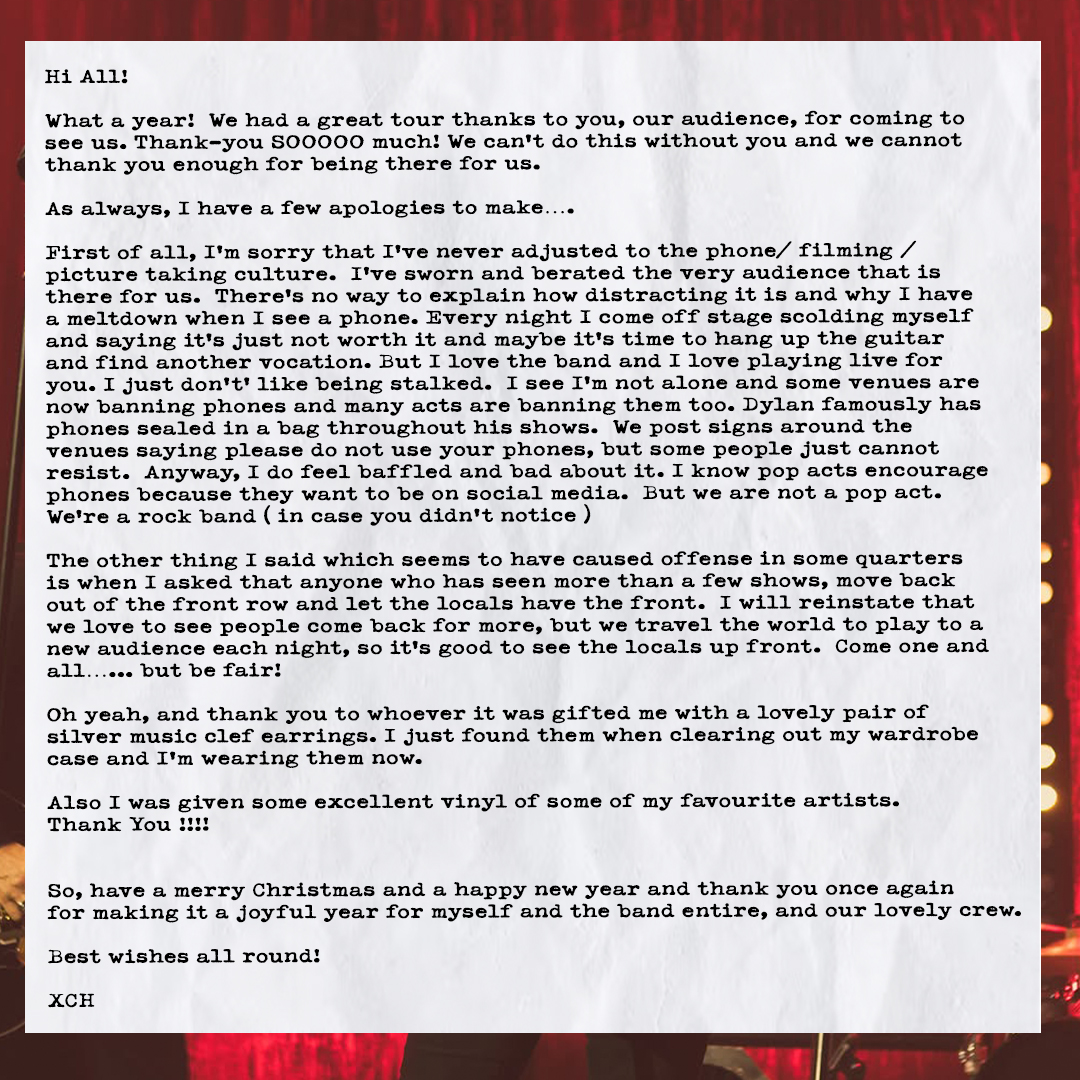 Hi All!

What a year!  We had a great tour thanks to you, our audience, for coming to see us. Thank-you SOOOOO much!  We can’t do this without you and we cannot thank you enough for being there for us.

As always, I have a few apologies to make….