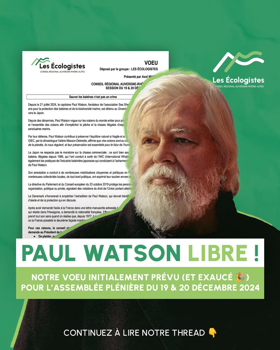 Libération de Paul Watson - Sauver les baleines n'est pas un crime #FreePaulWatson 

L'organisation interne de la Région Auvergne-Rhône-Alpes nous a obligés à envoyer vendredi dernier, le vœu que nous allons porter en séance plénière ce vendredi 20/12.