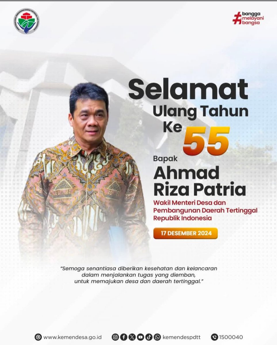 Selamat ulang tahun Wamendes bapak Ahmad Riza Patria, kami doakan sehat dan sukses selalu.. Aamiinn YRA 🙏🤲