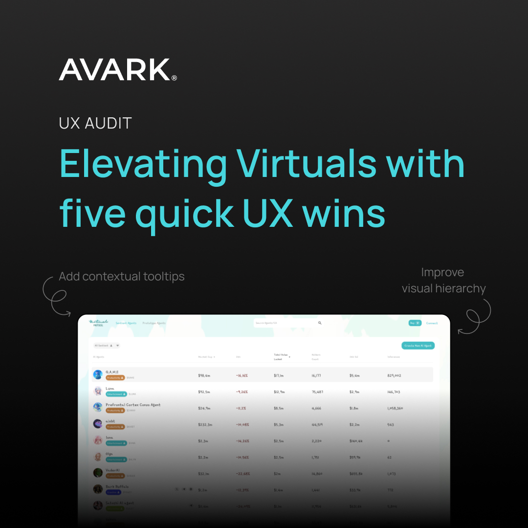 Avark® | Web3 Design Agency - 🔜 #Token2049 Dubai (@avarkagency) on Twitter photo Hey <a href="/virtuals_io/">Virtuals Protocol</a> team,
We’re all-in on AI agents and excited by the possibilities they unlock! We’ve spotted a few quick UX wins that could make a big difference for your platform.
🧵 Let us show you below… Hey <a href="/virtuals_io/">Virtuals Protocol</a> team,
We’re all-in on AI agents and excited by the possibilities they unlock! We’ve spotted a few quick UX wins that could make a big difference for your platform.
🧵 Let us show you below…
