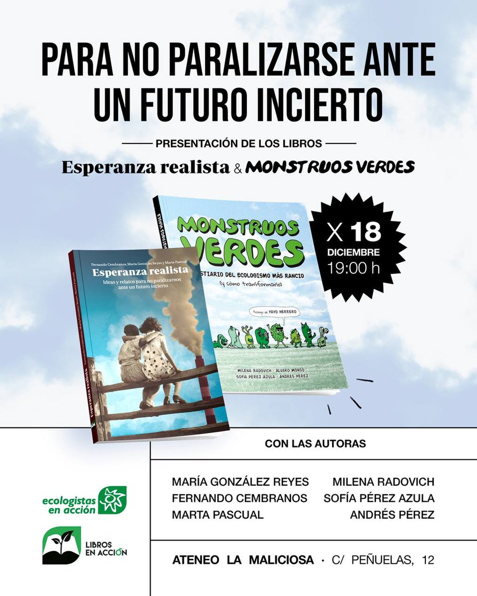 Mañana tenemos este eventazo en <a href="/AteneoMaliciosa/">La Maliciosa</a> 
para presentar dos libros que son mejor antídoto contra el pesimismo, el cinismo, la ecoansiedad y las ganas de irte a vivir a Laponia, que va a estar muuuy chulo. ¡Que no te lo cuenten!