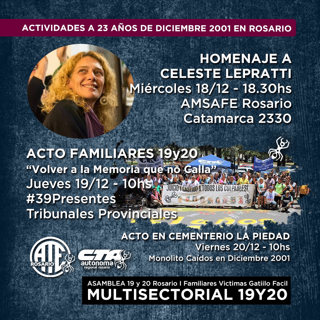 ATERosario's tweet photo. 🔴 ACTIVIDADES A 23 AÑOS DE DICIEMBRE DE 2001 EN ROSARIO
❤️Este miércoles homenajeamos a Celeste "La Cele" Lepratti. 18;30 en Amsafe Rosario.
👊El jueves, estaremos como cada año en las puertas de los Tribunales exigiendo #Justicia #39Presentes https://t.co/N5oNrEAcS1