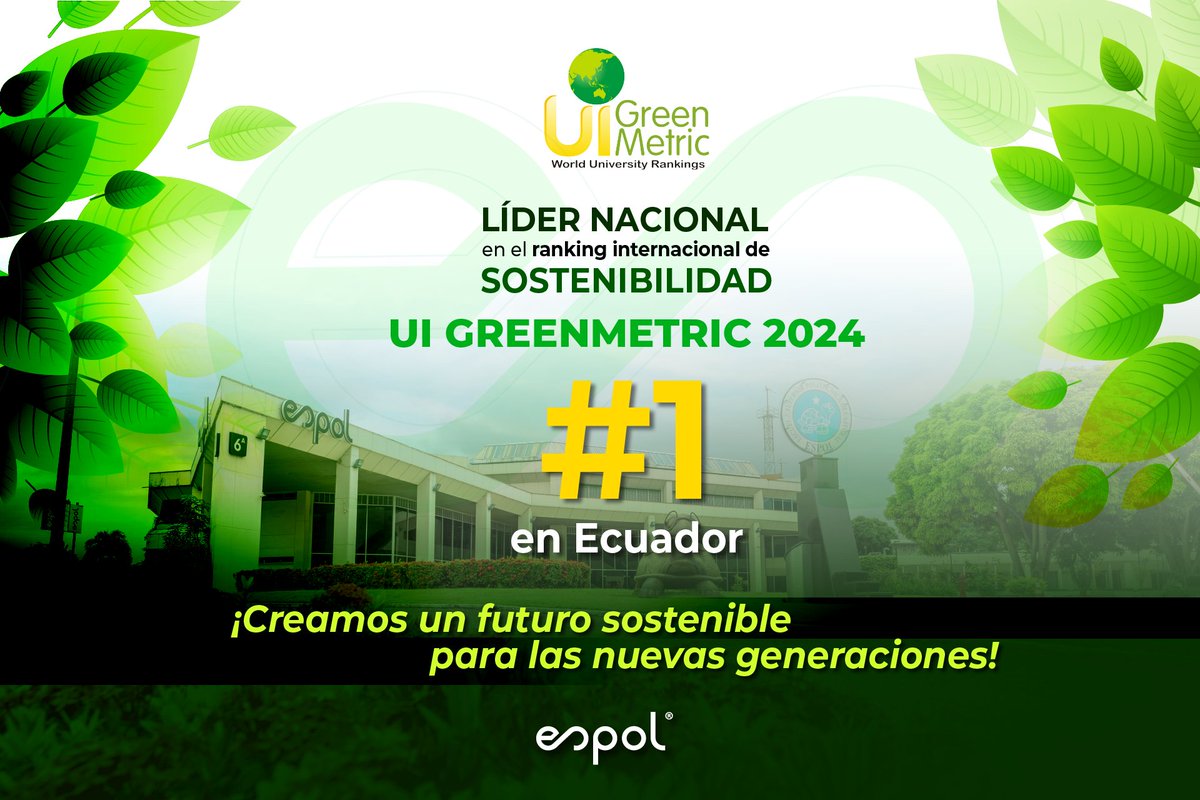 ¡Líderes en Ecuador! El ranking UI Green Metric ubica a la ESPOL como la universidad #1 del país en Sostenibilidad, reconocimiento al compromiso de toda la comunidad politécnica con la reducción del consumo de recursos y un programa integral de gestión de residuos