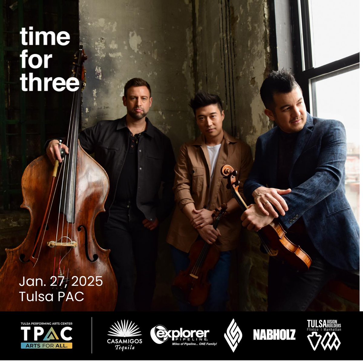 The groundbreaking trio Time for Three is bringing their genre-defying sound to the Tulsa PAC on January 27. 🎻🎶 Don’t miss an unforgettable night of music that blurs the lines between classical, pop, and everything in between!

Get your tickets today! am.ticketmaster.com/tulsapac/buy?i…