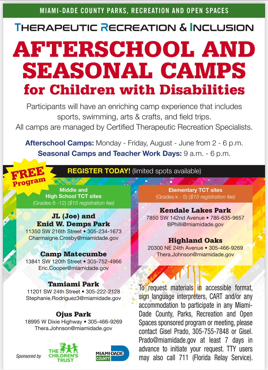Attention, parents! Check out the after-school and seasonal camp opportunities for children with disabilities from our friends at <a href="/MiamiDadeParks/">Miami-Dade County Parks</a> Therapeutic Recreation &amp; Inclusion Department! See the flyer below for more information!