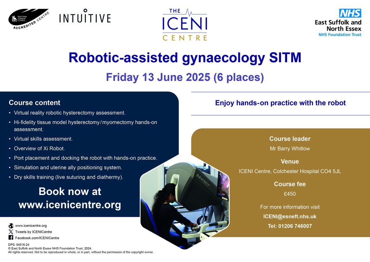 ICENI Centre (@icenicentre) on Twitter photo Robotic-Assisted Gynae SITM Friday 13 June 2025
Course includes <a href="/gynesim/">@Gynesim</a> HIFI tissue model hysterectomy/myomectomy, uterine ally positioning system & dry skills training in suturing & diathermy.
<a href="/IntuitiveSurg/">Intuitive</a>
<a href="/TheBSGE/">BSGE</a> <a href="/coopersurgical/">CooperSurgical Fertility Solutions</a> <a href="/ESNEFT/">East Suffolk and North Essex NHS Foundation Trust</a>
BOOK HERE: forms.office.com/e/ar27jn8xiX Robotic-Assisted Gynae SITM Friday 13 June 2025
Course includes <a href="/gynesim/">@Gynesim</a> HIFI tissue model hysterectomy/myomectomy, uterine ally positioning system & dry skills training in suturing & diathermy.
<a href="/IntuitiveSurg/">Intuitive</a>
<a href="/TheBSGE/">BSGE</a> <a href="/coopersurgical/">CooperSurgical Fertility Solutions</a> <a href="/ESNEFT/">East Suffolk and North Essex NHS Foundation Trust</a>
BOOK HERE: forms.office.com/e/ar27jn8xiX