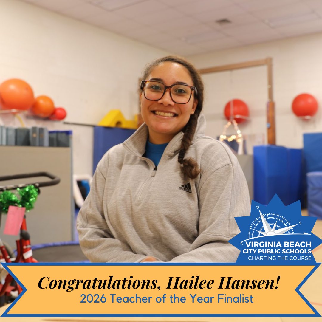 vbschools's tweet photo. 🎉 Congratulations to Hailee Hansen, an amazing educator and finalist for Virginia Beach Citywide Teacher of the Year! Read more in The Core: https://t.co/ATiYhMXCkn. #VBCPScelebrates #VBCPSchartingthecourse https://t.co/A0U8zZbsTe