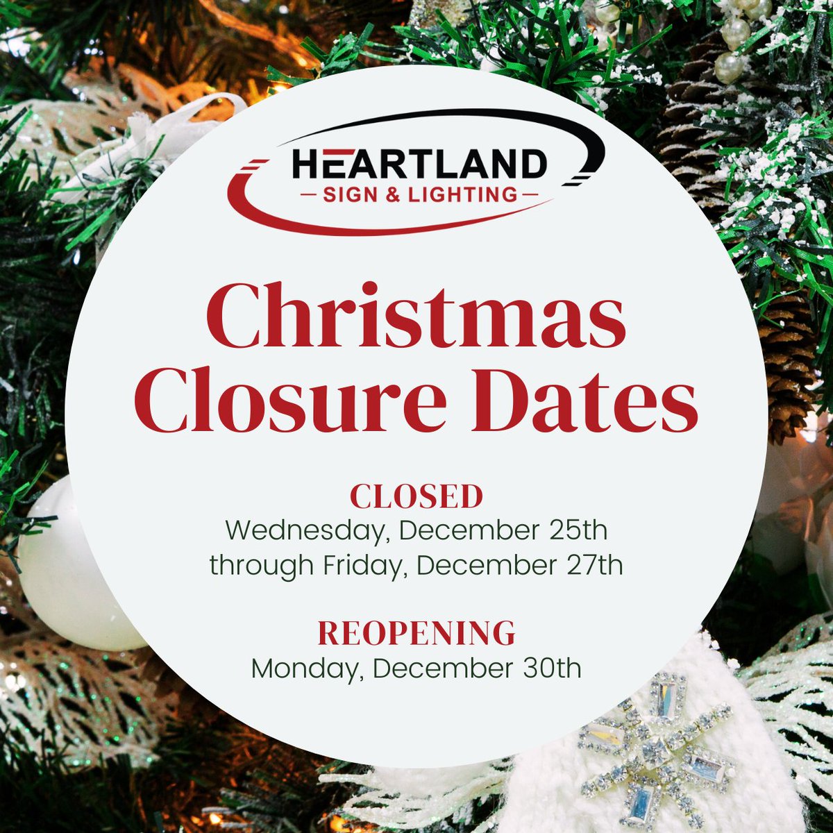 HeartlandSign's tweet image. 🎄 Merry Christmas from Heartland Sign &amp;amp; Lighting! 🎄
In the spirit of the season, we’ll be closed Wednesday, December 25th through Friday, December 27th to ensure our amazing team gets plenty of time to celebrate with their loved ones. We’ll reopen on Monday, December 30th.
