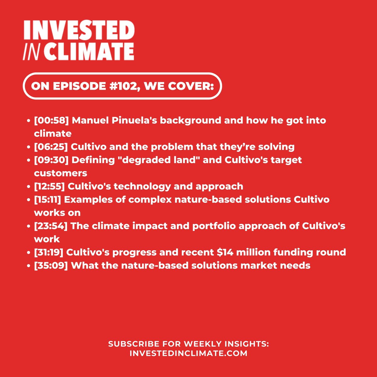 Nature is vital – it regulates our climate, supports livelihoods, and prevents mass extinction. But it’s underfunded, with a $700B financing gap. 🌍

<a href="/cultivoland/">Cultivo</a> is stepping up. CEO Manuel Piñuela speaks on how they're unlocking billions for nature.

🎧 investedinclimate.com/podcast/unlock…
