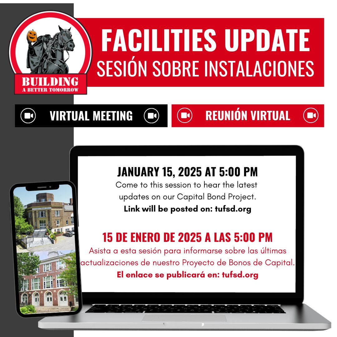 Save the Date: Facilities Webinar!
Topic: Update on the Upcoming Bond Project &amp; Reopening of Tappan Hill School
Date: Wednesday, January 15, 2025
Time: 5:00 PM
Location: Online via Zoom
Stay informed about our district’s exciting initiatives!