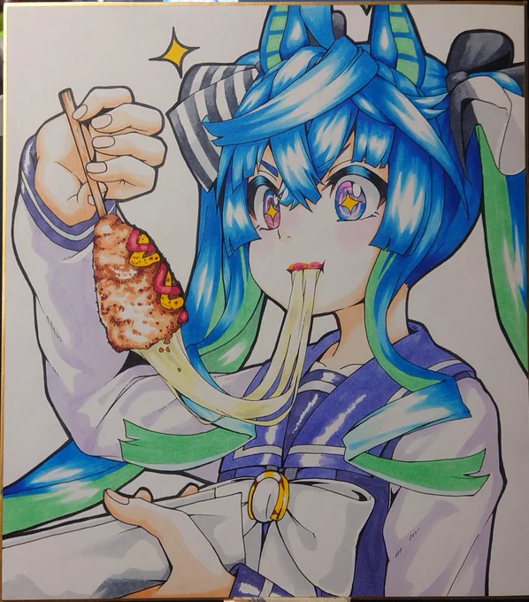 色紙が1枚描けました!チーズハットグ食べてるたぼし!!コミケに持っていきます〜! 