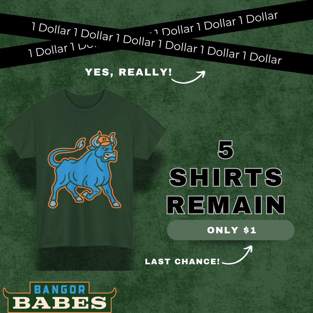 BangorGNCBL's tweet photo. We flew through inventory and we only have 5 t-shirts remaining…
And yes, everything is still only $1!
This inventory sells fast, claim your $1 t-shirt now⤵️
https://t.co/9WLt5cA9US
#BangorTime🐂 https://t.co/aIcSno2o2D
