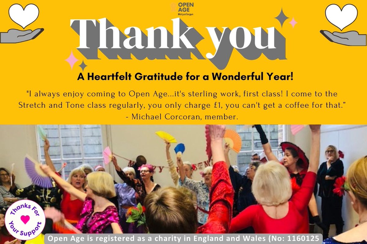🎄 What a year it's been! ✨

Wishing you a magical holiday season filled with warmth, laughter, and love.🤗
Thank you, thank you, THANK YOU! ❤️

To support Open Age: openage.org.uk/thank-you-your….
#OpenAge #Community #Gratitude