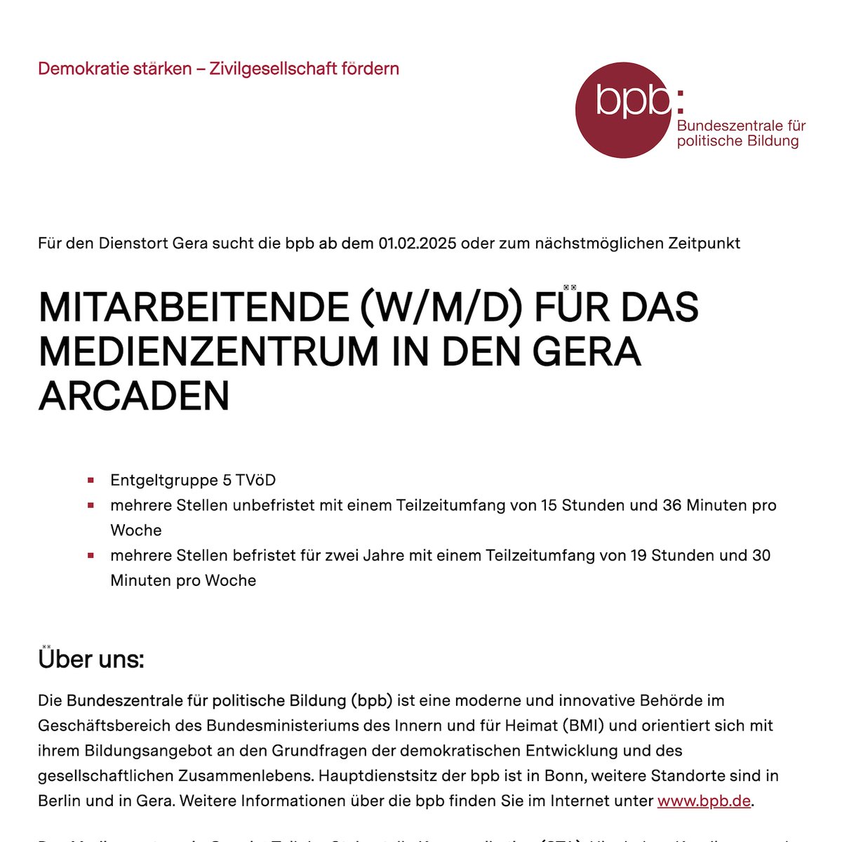 📣 Bundeszentrale für politische Bildung (#bpb) sucht Mitarbeitende (w/m/d) für das #Medienzentrum in den Gera Arcaden | #Gera

📅 Frist: 06.01.2025

➡️jobs.stellenpool24.de/html/33111/116…

#Job #Stellenausschreibung #Dialogmarketing  #Kundenkommunikation #Geschichte #Soziologie <a href="/bpb_de/">bpb.de</a>