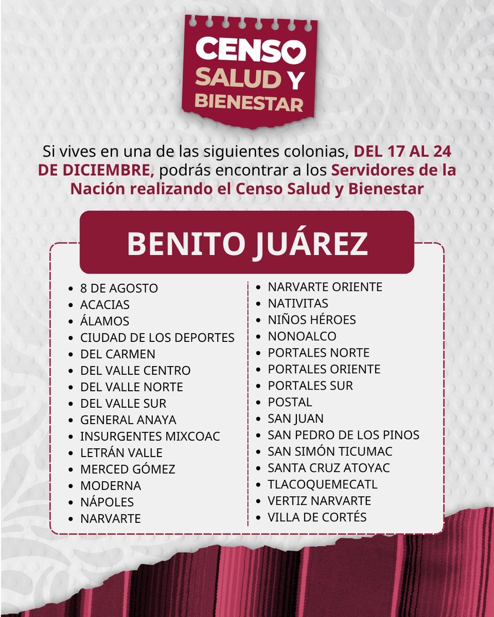 Bienestar_CDMX's tweet photo. ¡Atención vecinas y vecinos de la CDMX! 📣

Durante estos días, nuestros Servidores de la Nación estarán recorriendo las siguientes colonias de las 16 Alcaldías para realizar el #CensoSaludBienestar. 🏡📋 https://t.co/0t3kNFcjAO