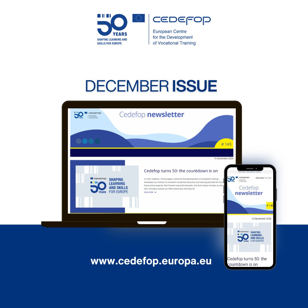 Cedefop's tweet photo. Catch the latest Cedefop newsletter! 📢
▶️Announcement of our 50th anniversary campaign. #Cedefop50
▶️Major milestone for the #Europeanqualificationsframework, as 🇪🇸 is on board!
▶️Interesting headlines on individual learning accounts and other topics.
https://t.co/mDb1H7tJdq https://t.co/u9ZNfB0mui