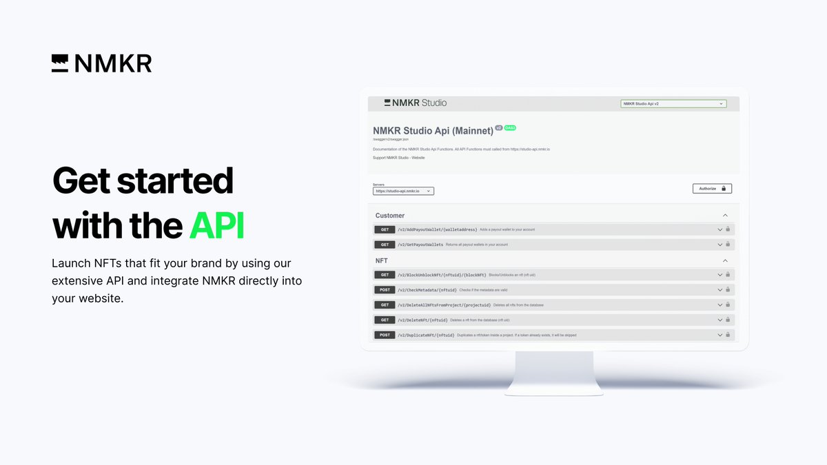 nmkr_io's tweet photo. For developers who demand more: #NMKR Studio API is your gateway to advanced #NFT and payment solutions on #Cardano.
Testnet & Mainnet ready.
Learn more: https://t.co/DrByeDlnBQ https://t.co/HO6xomGQgN