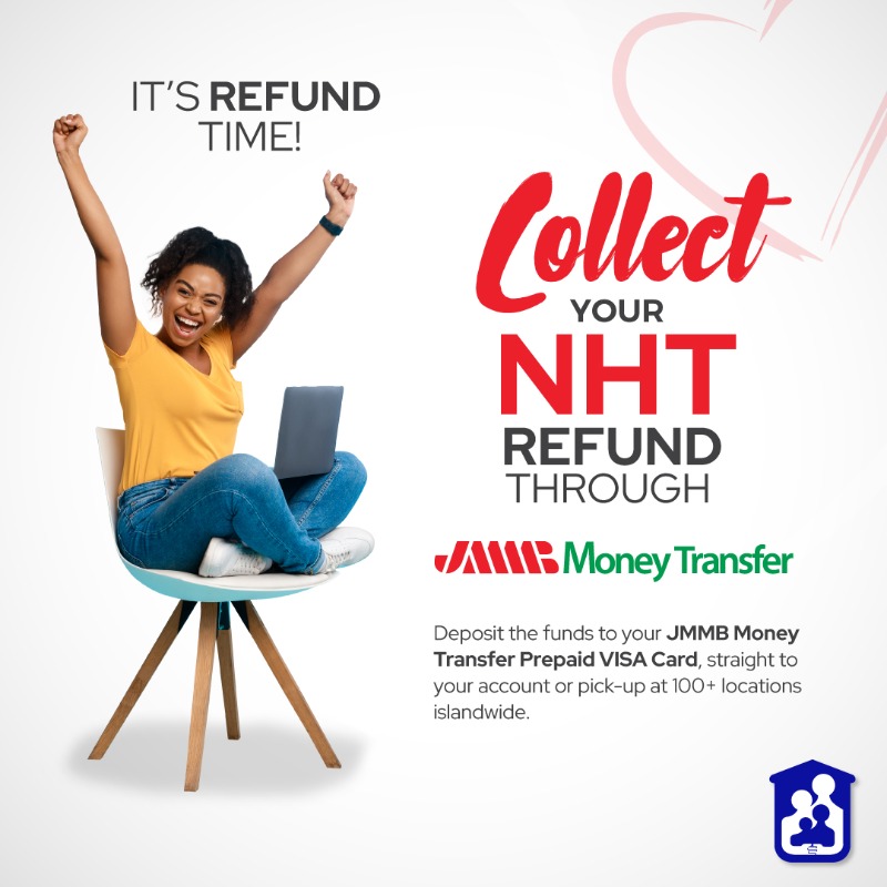 JMMBGroupJA's tweet photo. 💸Apply for your NHT Refund and collect it with JMMB Money Transfer.

✅ Deposit your refund directly to any local bank account from anywhere in the world
✅ Get it loaded onto your JMMB Money Transfer Prepaid VISA Card 
✅ Or pick it up at over 100 agent locations island-wide