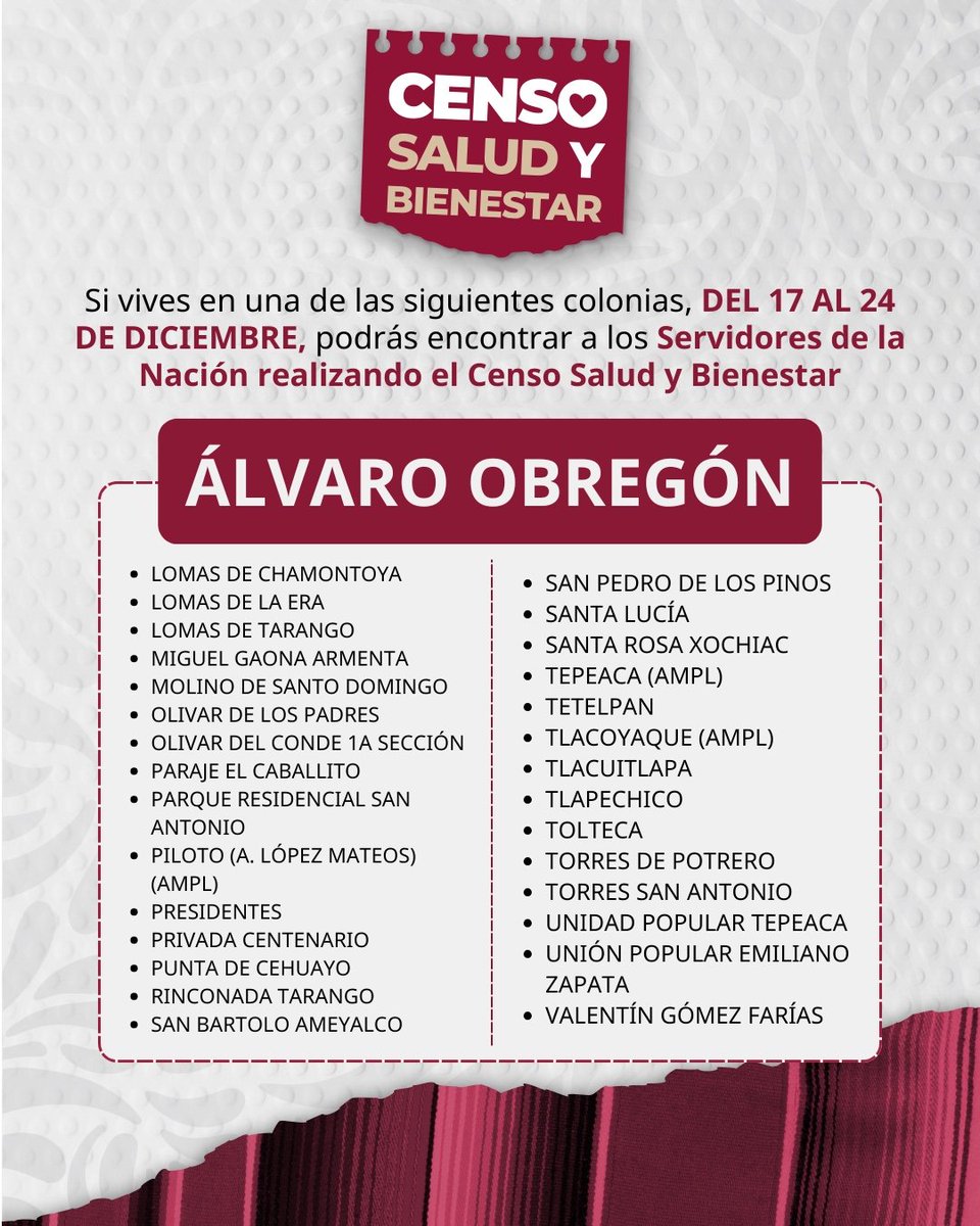 Bienestar_CDMX's tweet photo. ¡Atención vecinas y vecinos de la CDMX! 📣

Durante estos días, nuestros Servidores de la Nación estarán recorriendo las siguientes colonias de las 16 Alcaldías para realizar el #CensoSaludBienestar. 🏡📋 https://t.co/0t3kNFcjAO