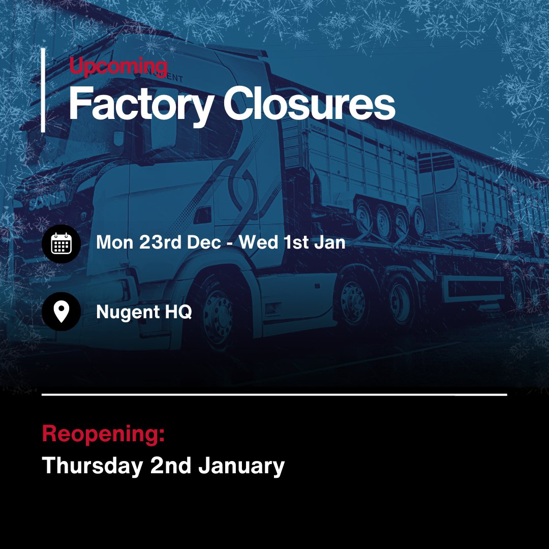 CHRISTMAS CLOSURE!

We will be closing at 2pm on Friday 20th December and will reopen at 8am Thursday 2nd January 2025.
For more information, visit our website to find and contact your nearest Nugent dealer: nugentengineering.com/contact-us/

#NugentHolidays #TeamNugent #HappyChristmas