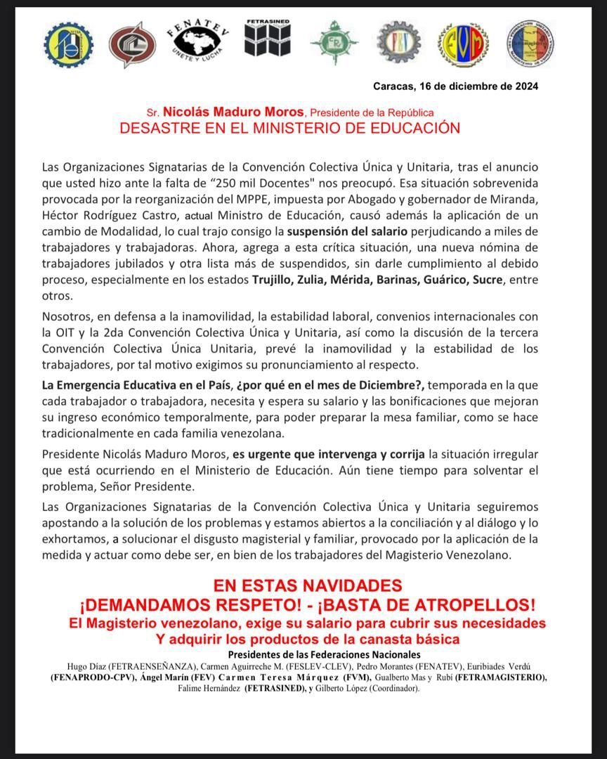 #17Dic | ¡El Magisterio venezolano, exige su salario para cubrir sus necesidades y adquirir los productos de la canasta básica!

Posición de las Federaciones del Magisterio Venezolano ante los actos violatorios a la convención colectiva y a la ley. 

#EmergenciaEducativa